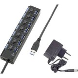 7 portos USB 3.0 hub, külön kapcsolható, státusz LED, iPad töltőcsatlakozó, fekete, Renkforce (RF-4821051) - USB Elosztó