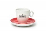 AMIGOS cappuccino csésze fekete logóval és piros csészealjjal