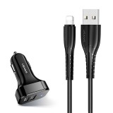 Dupla USB portos autós töltő 2.1A + 1M lightning kábel Usams Nt King Tu fekete