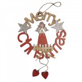 Family Karácsonyi ajtódísz fából akasztóval Merry Christmas angyal - 10 x 17 cm