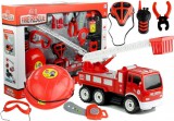 KicsiKocsiBolt Tűzoltó szett, teherautó, sisak, tűzoltó készülék, fűrész, 14 darab 3589