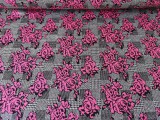 Szürke kockás - pink rózsa mintás jacquard textil - 150 cm