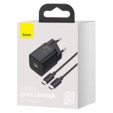 Baseus Travel Charger set Super Si 1C QC (With Mini Black Cable Type-C to Type-C 3A 1m) 25W EU Black (TZCCSUP-L01)