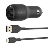 Belkin Boost Charger Dual USB-A Car Charger 24W + USB-A to Lightning Cable Black CCD001BT1MBK