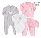 Bembi Díszdobozos újszülött kislány 5 részes szett rózsaszín-szürke,cicás mintával-felirattal (KP244)