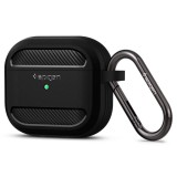 Bluetooth fülhallgató töltőtok tartó, szilikon, vezeték nélküli töltés támogatás, karabiner, Apple AirPods 3 kompatibilis, Spigen Rugged Armor, fekete (110277) - Fülhallgató tok