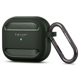 Bluetooth fülhallgató töltőtok tartó, szilikon, vezeték nélküli töltés támogatás, karabiner, Apple AirPods 3 kompatiblis, Spigen Rugged Armor, zöld (110279) - Fülhallgató tok