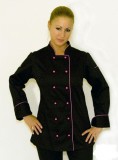 Chefs.hu Női szakácskabát - fekete, hosszú ujjú, pink paszpól díszítéssel