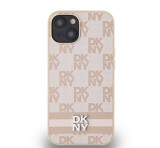 DKNY PU Leather Checkered Pattern and Stripe Apple iPhone 13 hátlap tok, rózsaszín