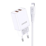 Dupla USB portos hálózati töltő 3A Jokade JB024 1 méteres Lightning kábellel fehér