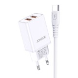 Dupla USB portos hálózati töltő 3A Jokade JB024 1 méteres Type-C kábellel fehér