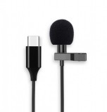 E-Zone Csiptetős Mikrofon, sztereó, USB-C csatlakozóval, okostelefonhoz, Szélzaj-védő szivaccsal, fekete