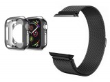 E-Zone Milanese Loop Apple Watch fém szíj és képernyővédő tok, 38mm kijelzőjű okosórákhoz, fekete