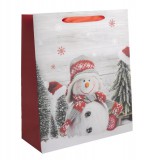 Egyéb Karácsonyi ajándéktáska 23x18x10cm, közepes, szürke-piros, hóember sapkában, sállal