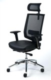 Exkluzív fejtámaszos irodai szék, fekete b&#337;rborítás, feszített hálós háttámla, alumínium lábkereszt, mayah "maxy" cm4008n black