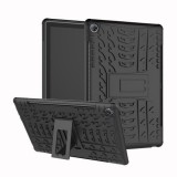 Huawei Mediapad M5 Lite 10.1, Műanyag hátlap védőtok, Defender, kitámasztóval és szilikon belsővel, autógumi minta, fekete (79399) - Tablet tok