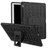 Huawei Mediapad T3 10.0, Műanyag hátlap védőtok, Defender, kitámasztóval és szilikon belsővel, autógumi minta, fekete (RS75789) - Tablet tok