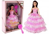 KicsiKocsiBolt Sötét hajú hercegnő baba, rózsaszín ruha és kefe 28 cm 7011