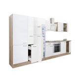 Leziter Yorki 360 konyhabútor sonoma tölgy korpusz,selyemfényű fehér front alsó sütős elemmel polcos szekrénnyel és felülfagyasztós hűtős szekrénnyel