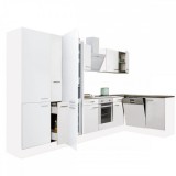 Leziter Yorki 370 sarok konyhabútor fehér korpusz,selyemfényű fehér front alsó sütős elemmel polcos szekrénnyel, alulfagyasztós hűtős szekrénnyel