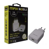Max Mobile QC 3.0 3A univerzális USB-s hálózati gyorstöltő Type-C kábellel fehér (3858892514054) (3858892514054) - Töltők