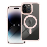 OEM iPhone 14 Pro Max hátlaptok, telefon tok, MagSafe kompatibilis, átlátszó, púderrózsaszín kerettel, Color Edge Mag Cover