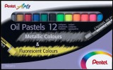 Olajpasztell kréta, pentel, "arts", 12 különböz&#337; fluoreszkáló és metál szín phn-mf12