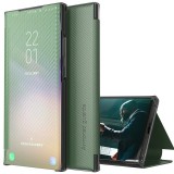 Samsung Galaxy A52 / A52 5G / A52s 5G SM-A525F / A526B / A528B, Oldalra nyíló tok, stand, hívás mutatóval, kevlár minta, Wooze Smart View Cover Carbon, zöld (109512) - Telefontok