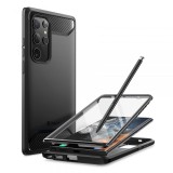 Samsung Galaxy S22 Ultra 5G SM-S908, Műanyag hátlap védőtok + Tempered Glass (edzett üveg), közepesen ütésálló, karbon minta, SupCase Clayco Xenon, fekete (111749) - Telefontok