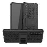 Sony Xperia 1 II, Műanyag hátlap védőtok, Defender, kitámasztóval és szilikon belsővel, autógumi minta, fekete (RS96387) - Telefontok