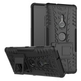 Sony Xperia XZ3, Műanyag hátlap védőtok, Defender, kitámasztóval és szilikon belsővel, autógumi minta, fekete (RS80974) - Telefontok