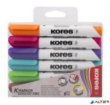Tábla- és flipchart marker készlet, 1-3 mm, kúpos, KORES &#039;K-Marker&#039;, 6 különböző szín